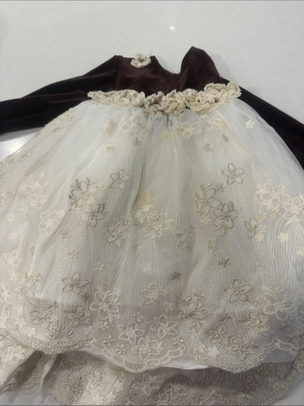 Isobella & Chloe Brown Velvet Bodice with Cream Lace Flower